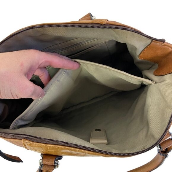 Brown Tan Faux Leather Shoulder Bag Purse Laptop Tablet Pouch Pockets Vinyl Zip - Picture 4 of 15